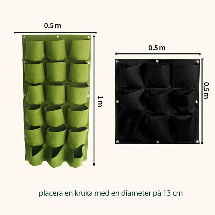 "Väggmonterad växtkruka i filt med 18-fickor, svart/grön, lämpar sig för vertikala trädgårdar och små utrymmen."