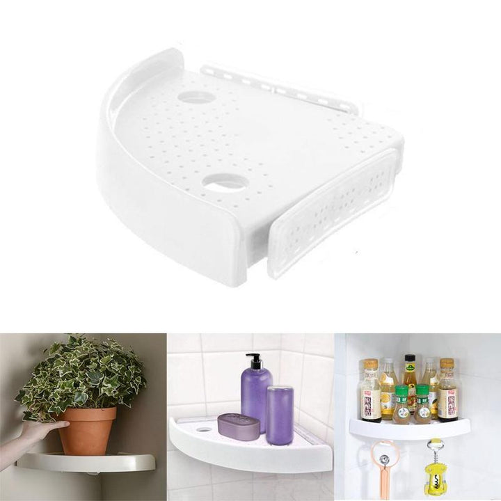 "Väggmonterad vit hörnhylla för badrum utan skruvar, stilren design med dräneringshål, passar kakel och glasytor."