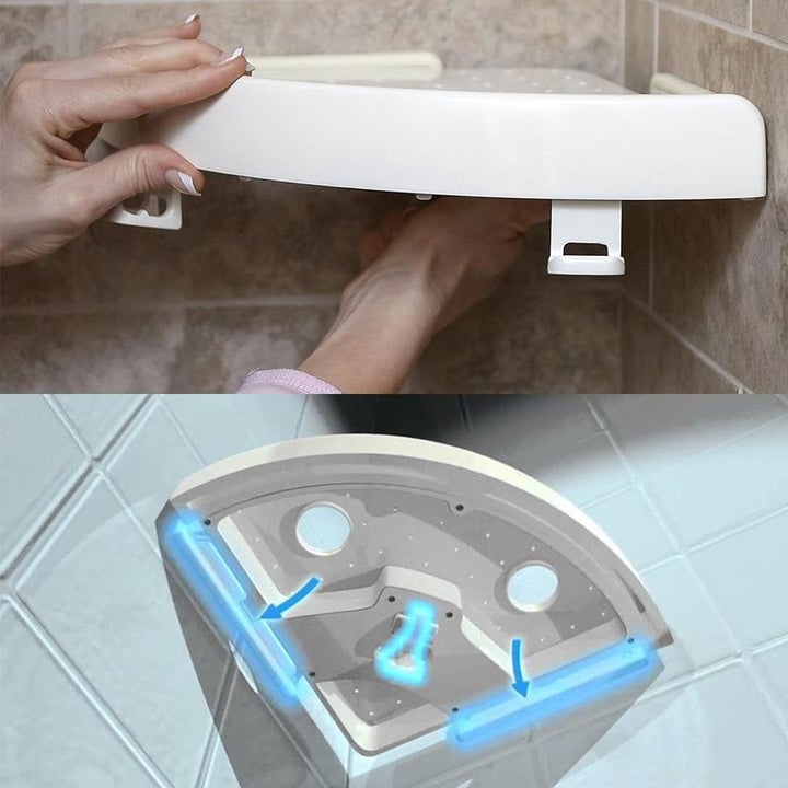"Väggmonterad vit hörnhylla för badrum utan skruvar, stilren design med dräneringshål, passar kakel och glasytor."