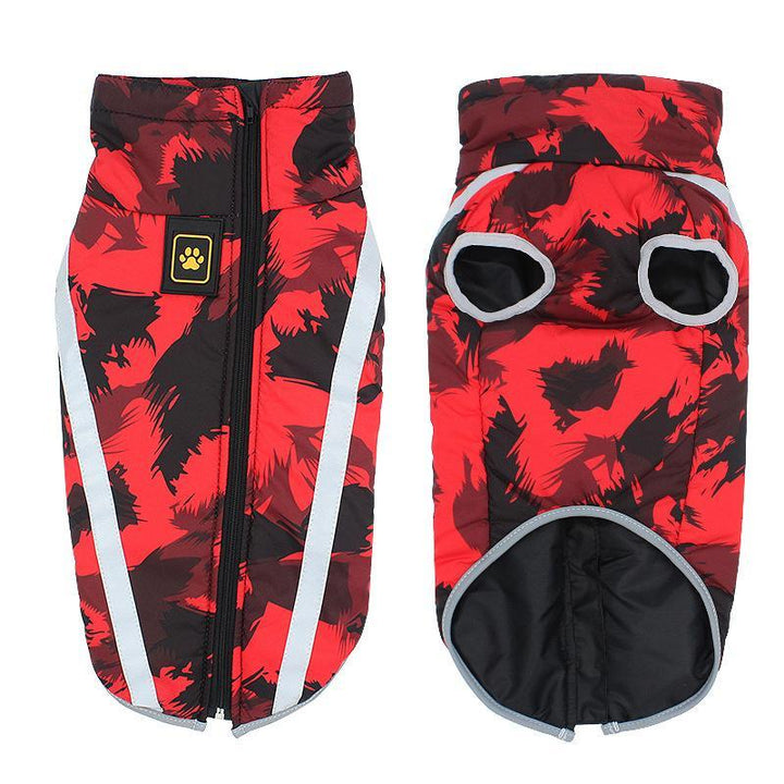 Vändbar vattentät vinterjacka för hund med reflex, fleece och polyester, säker och stilren för kalla dagar.