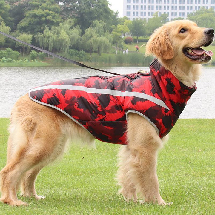 Vändbar vattentät vinterjacka för hund med reflex, fleece och polyester, säker och stilren för kalla dagar.