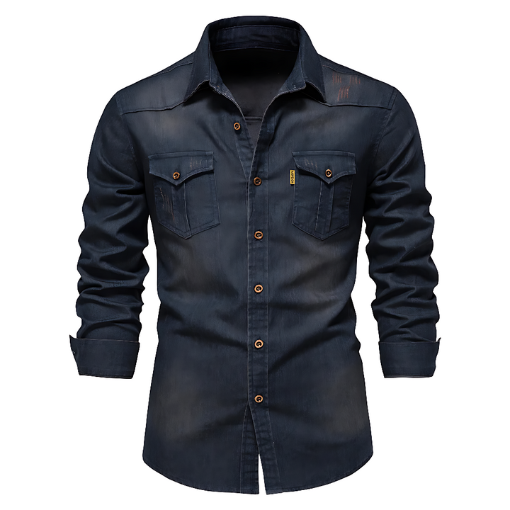 Mörkblå denimskjorta för män med klassisk krage