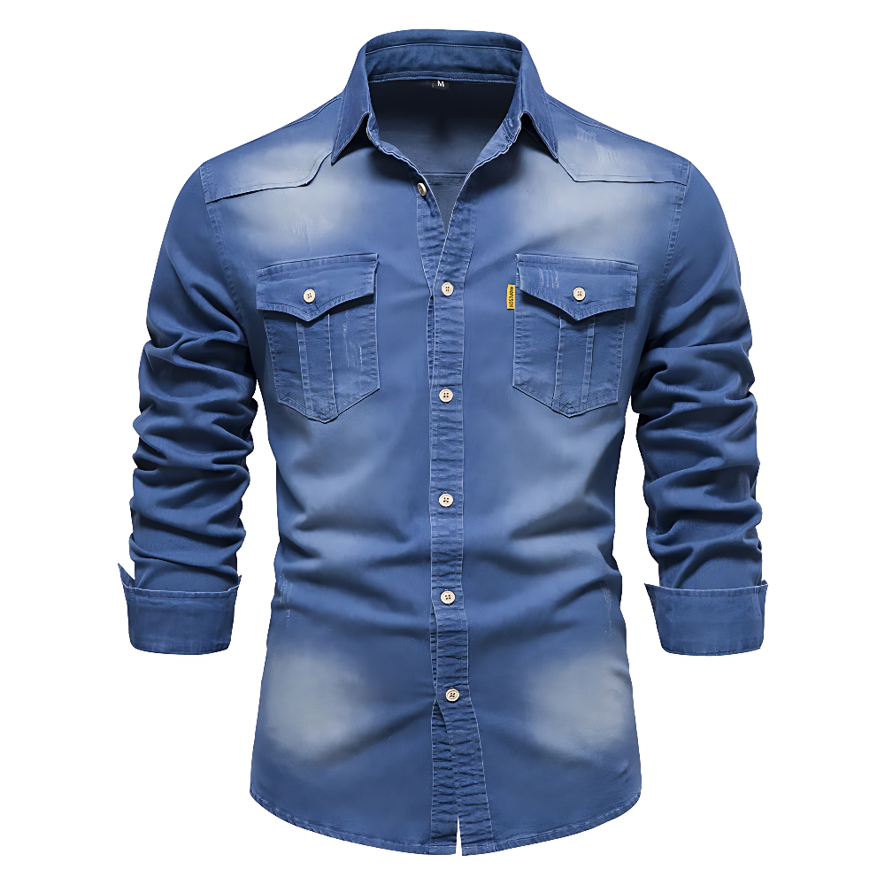 Stilren denimskjorta för herr framifrån, klassisk långärmad vardagsskjorta i jeans