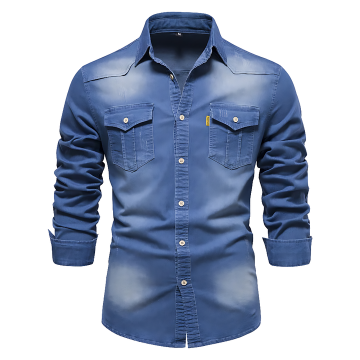 Stilren denimskjorta för herr framifrån, klassisk långärmad vardagsskjorta i jeans
