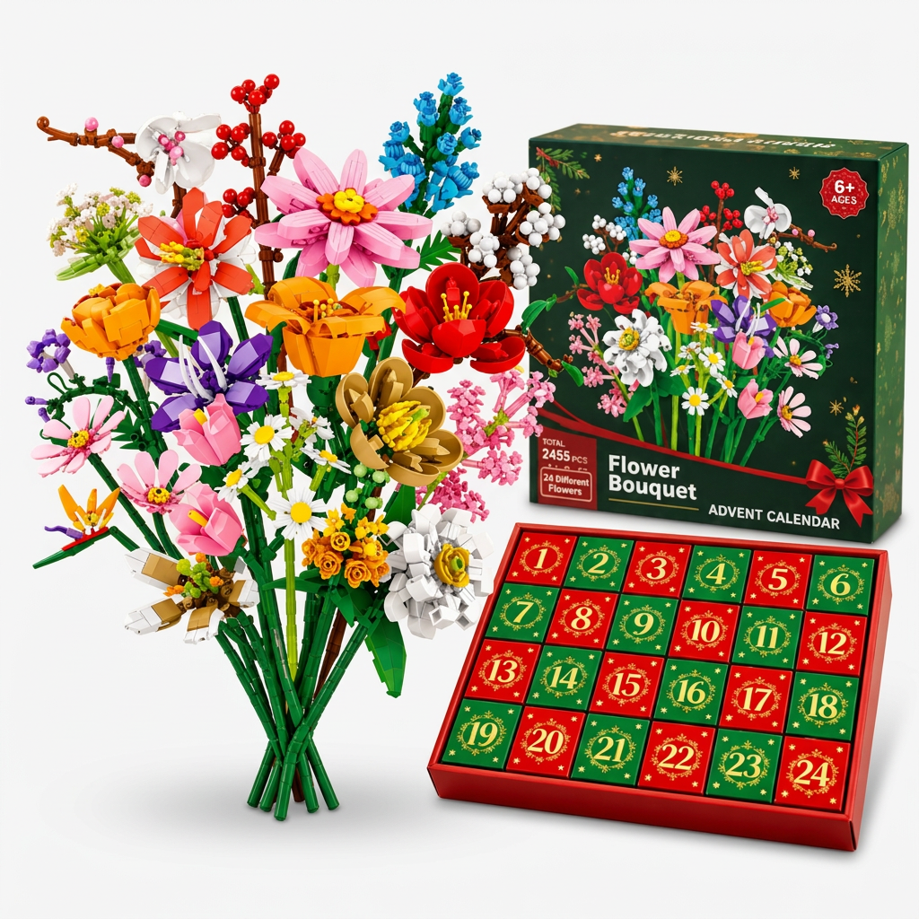 Färgglatt blomsterarrangemang skapat med byggleksaker