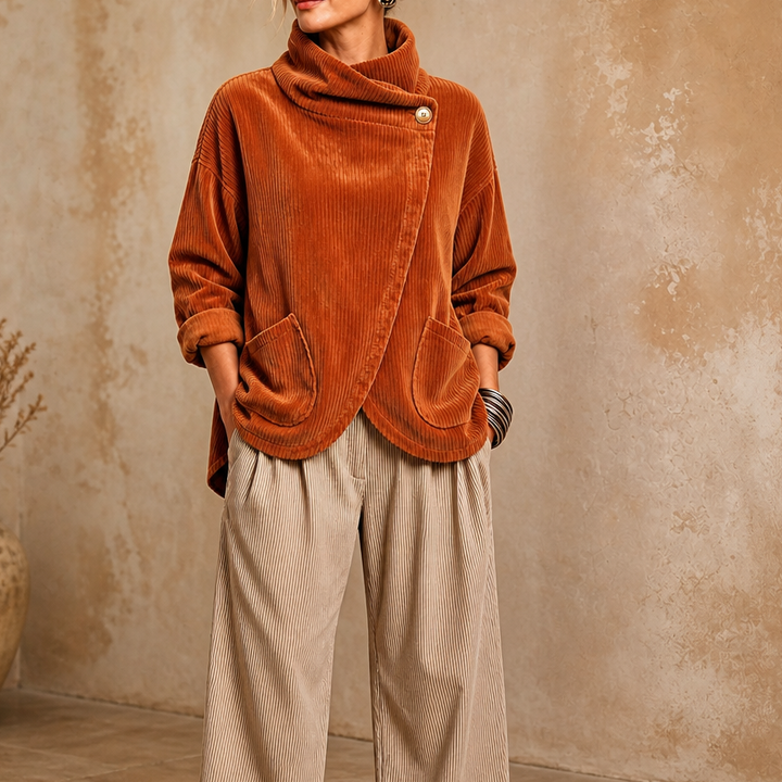 Helhetsbild på orange draperad damtopp stylad för vardagsbruk