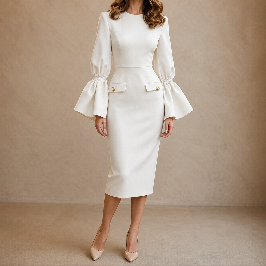 Modell som bär den eleganta svarta midiklänningen med utsvängda ärmar