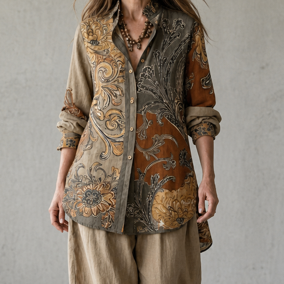 Helhetsbild på damset i boho-stil med mönstrade byxor och tunika