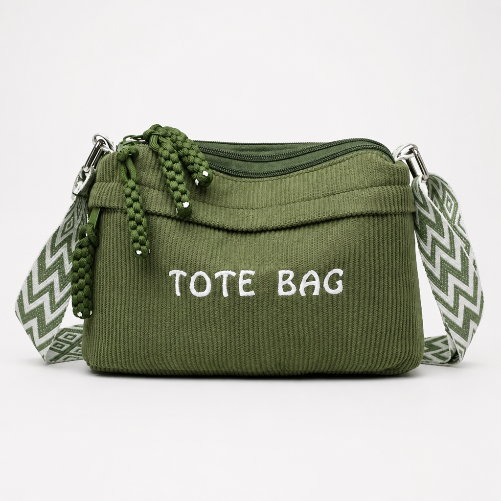 Modell som bär den bruna crossbody väskan över axeln i vardagsmiljö