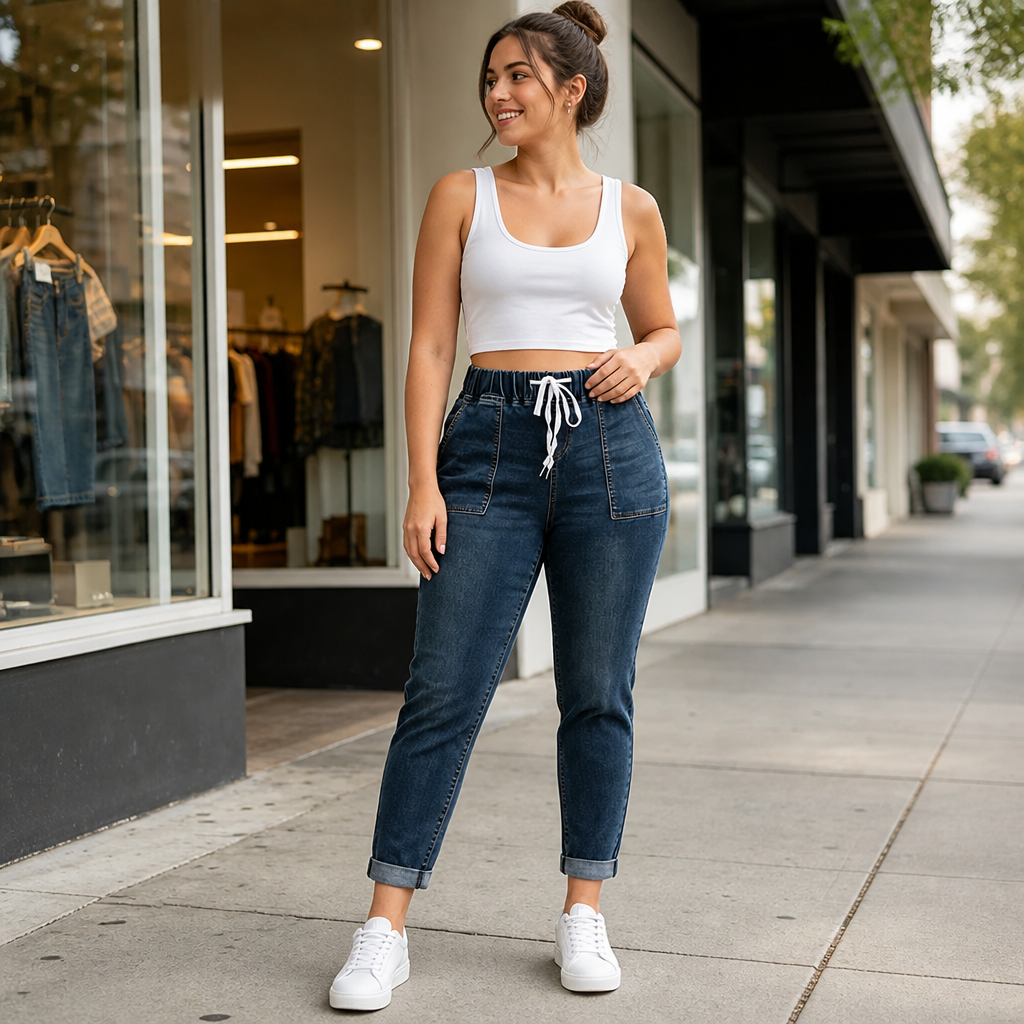Sida av blå damjeans med tapered passform och normal midja
