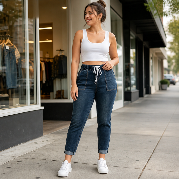 Sida av blå damjeans med tapered passform och normal midja