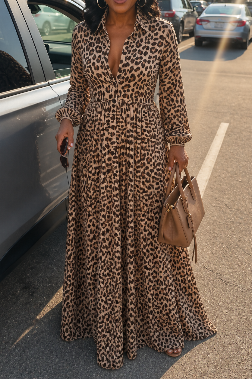 Bekväm lång ärmad klänning med leopardprint för alla tillfällen