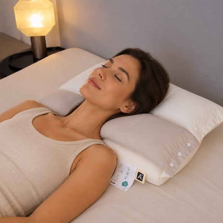 Kvinna som sover bekvämt på den ergonomiska nackkudden