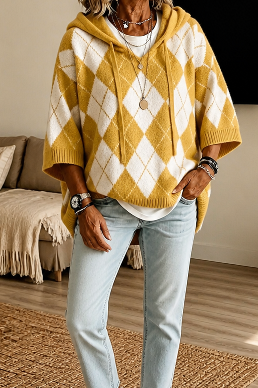 Stilren poncho med huva och argyle mönster för dam