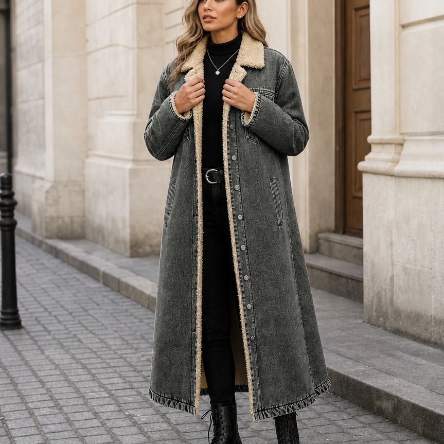 Stilren vardagsoutfit med lång jeanskappa och teddy