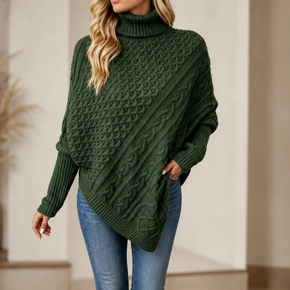 Klassisk beige damtröja med poncho-design och stilrent flätmönster.