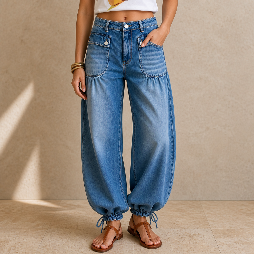 Klassiska blå ballongjeans med unika detaljer och vida ben