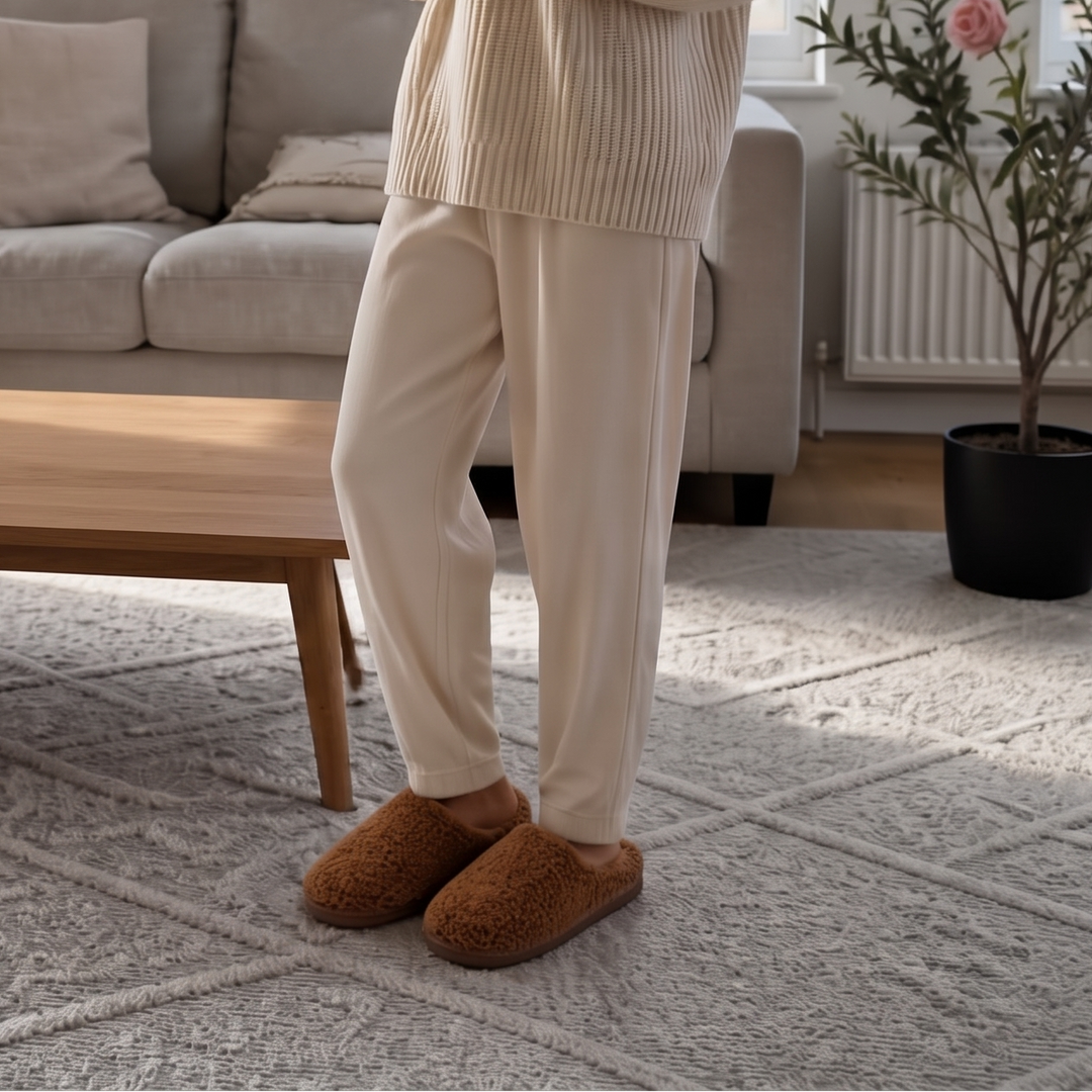 Trendiga damtofflor i plysch som kombinerar värme med modern skandinavisk design