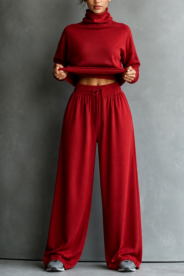 Bekvämt damset med turtleneck och vida byxor för en avslappnad look