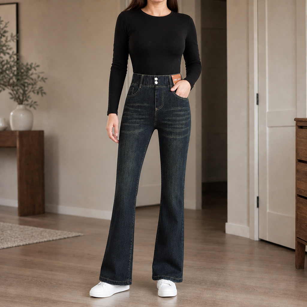 Modell som bär modemedvetna högmidjade utsvängda jeans