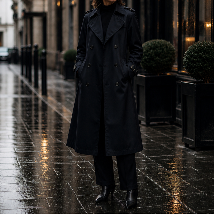 Stängd minimalistisk trenchcoat som visar den figurformade skärningen