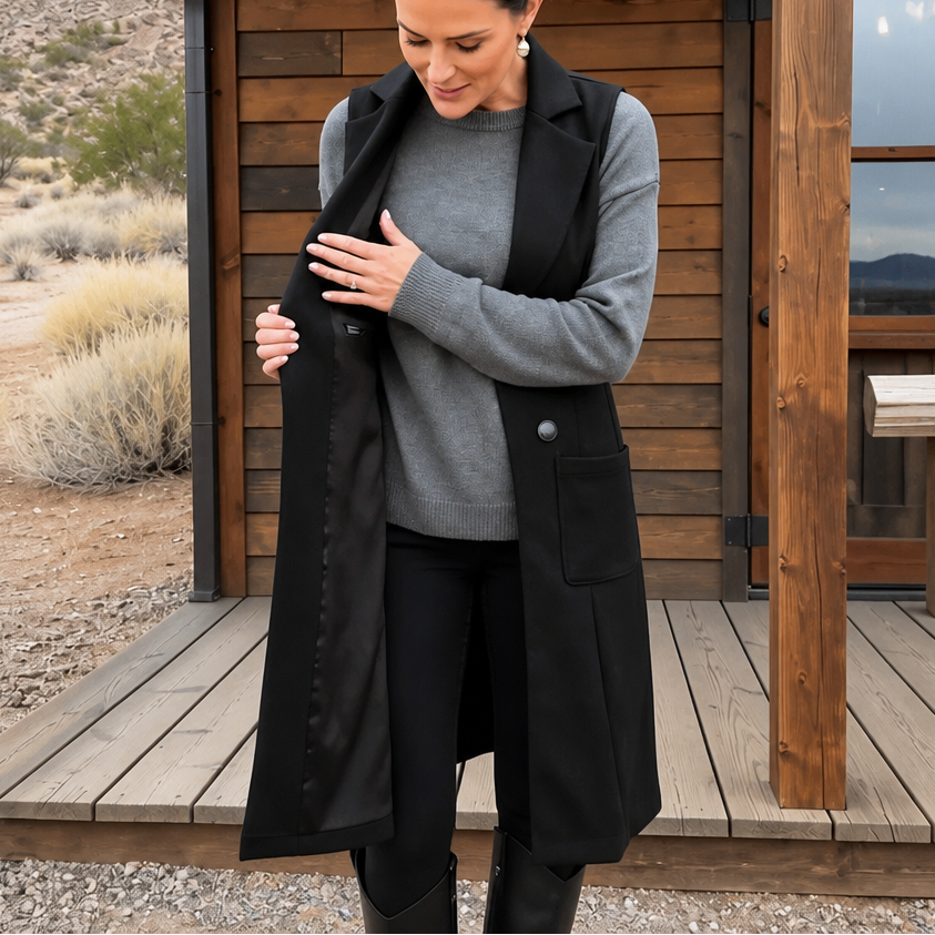 Modell som bär lång svart väst med dubbelknäppning för en chic höstlook.