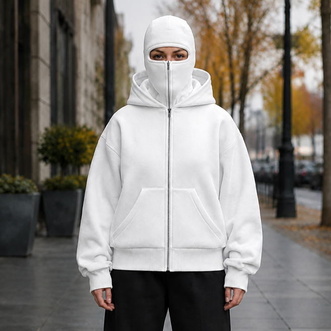 Sidovy av unisex huvtröja med uppdragen dragkedja