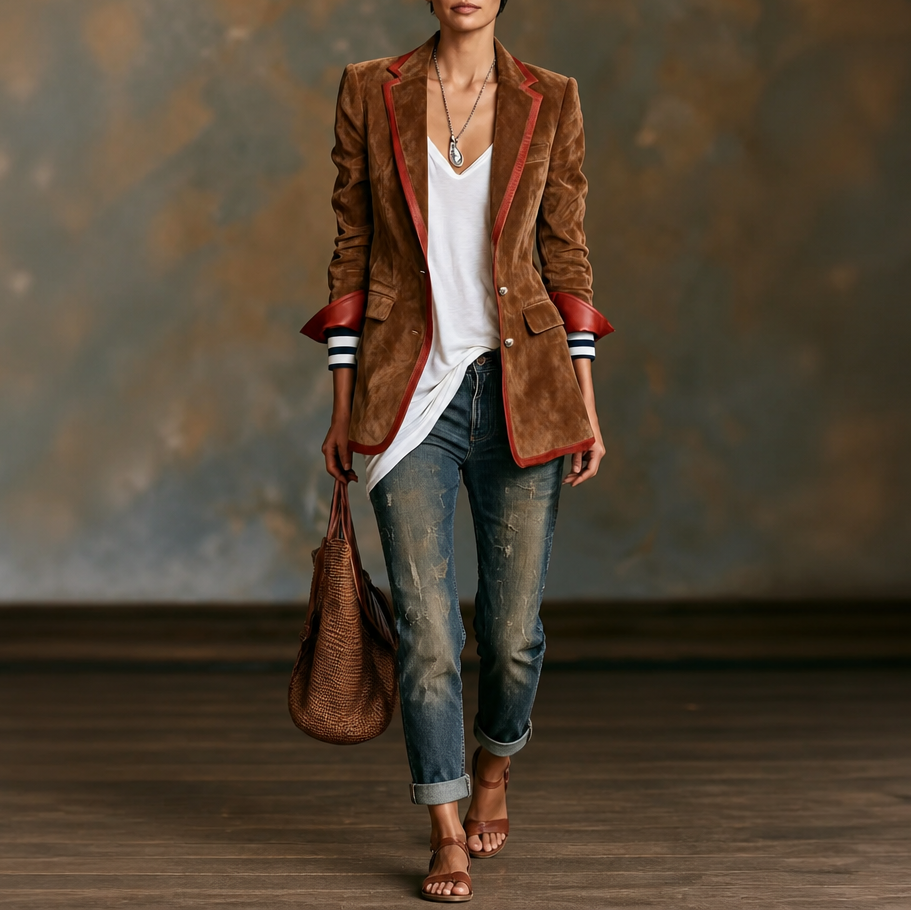 Modell som visar sammetsblazer i helfigur för en komplett outfit