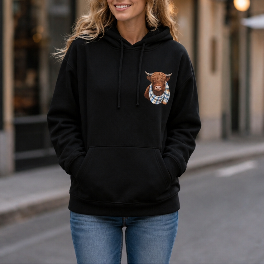 Vintervarm hoodie för damer med tryck av populära höglandskossan