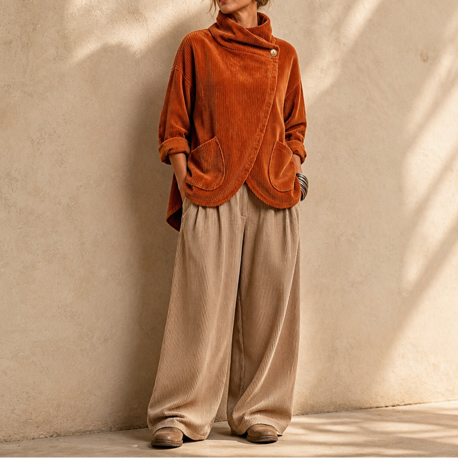 Elegant vardagslook med damponcho och huva matchad