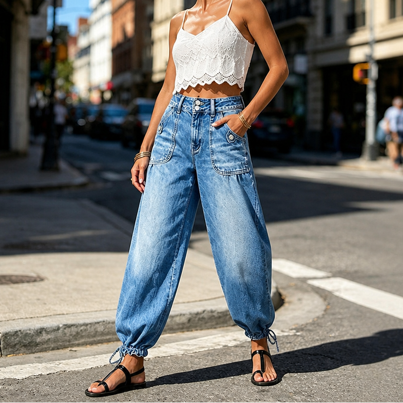 Kvinna i blå barrel-jeans med hög midja och knytband vid anklarna utomhus