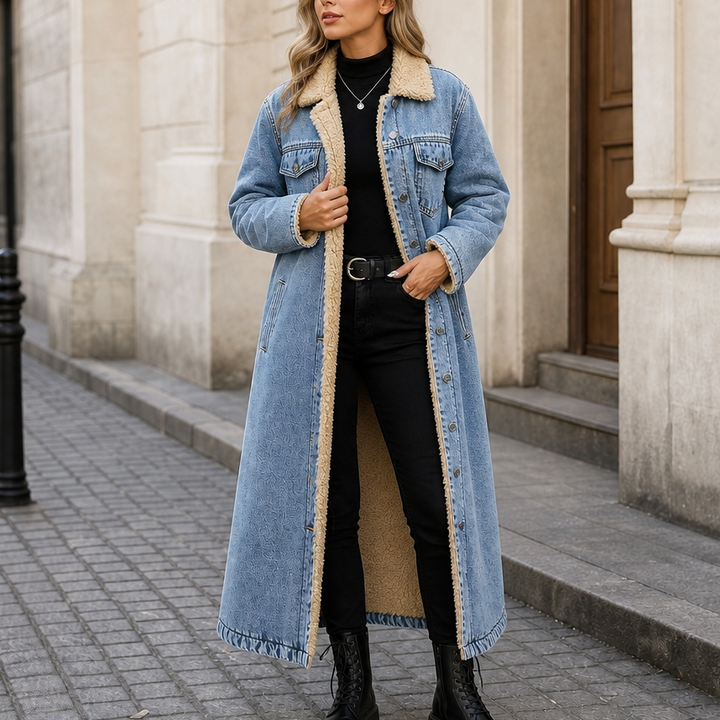 Mysig krage med mjukt foder på damernas långa denimkappa