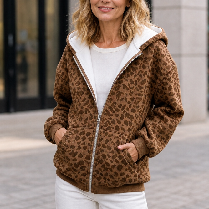 Komfortabel hoodie med leopardmönster för damer