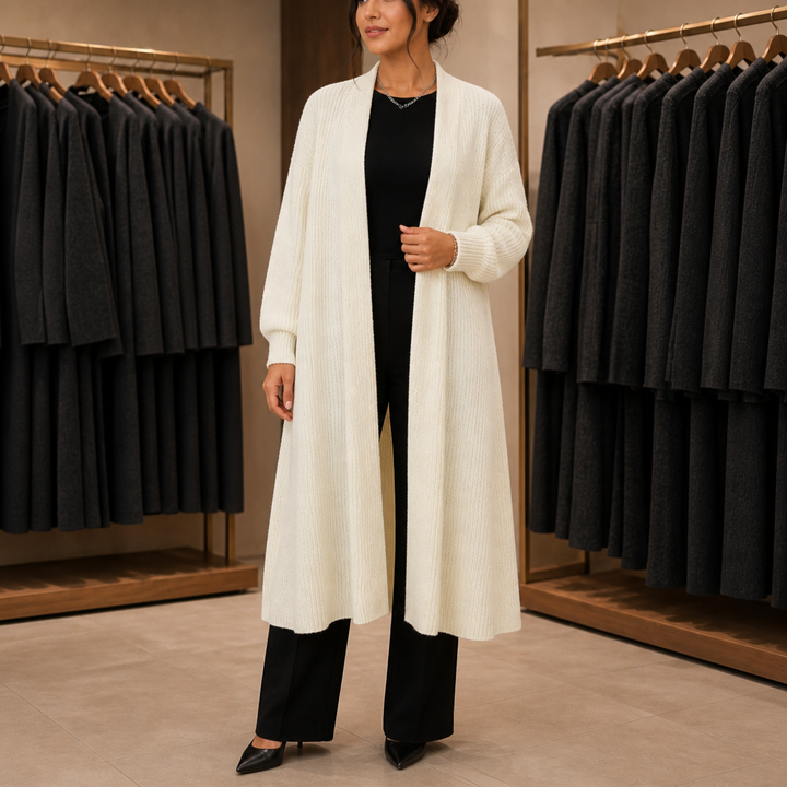 Snygg lång stickad cardigan som passar perfekt till både jeans och kjol.