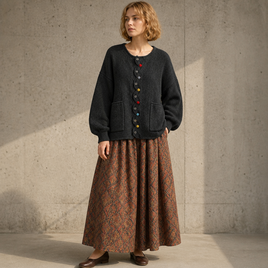 Moderiktig cardigan för dam sedd bakifrån i oversize modell