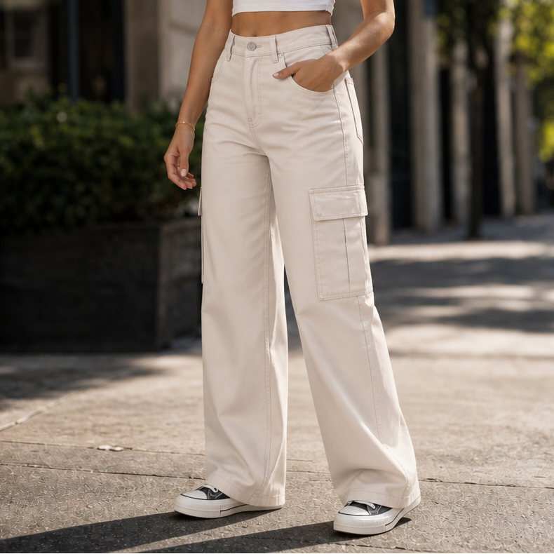 Olivgröna vida byxor kombinerade med sneakers för en avslappnad look [[lstfy-media:15]]