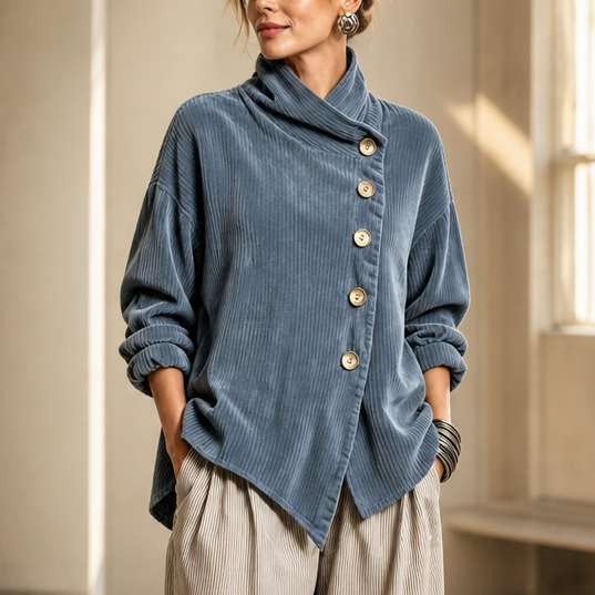 Elegant damtopp med asymmetrisk profil och mysig funnel-krage