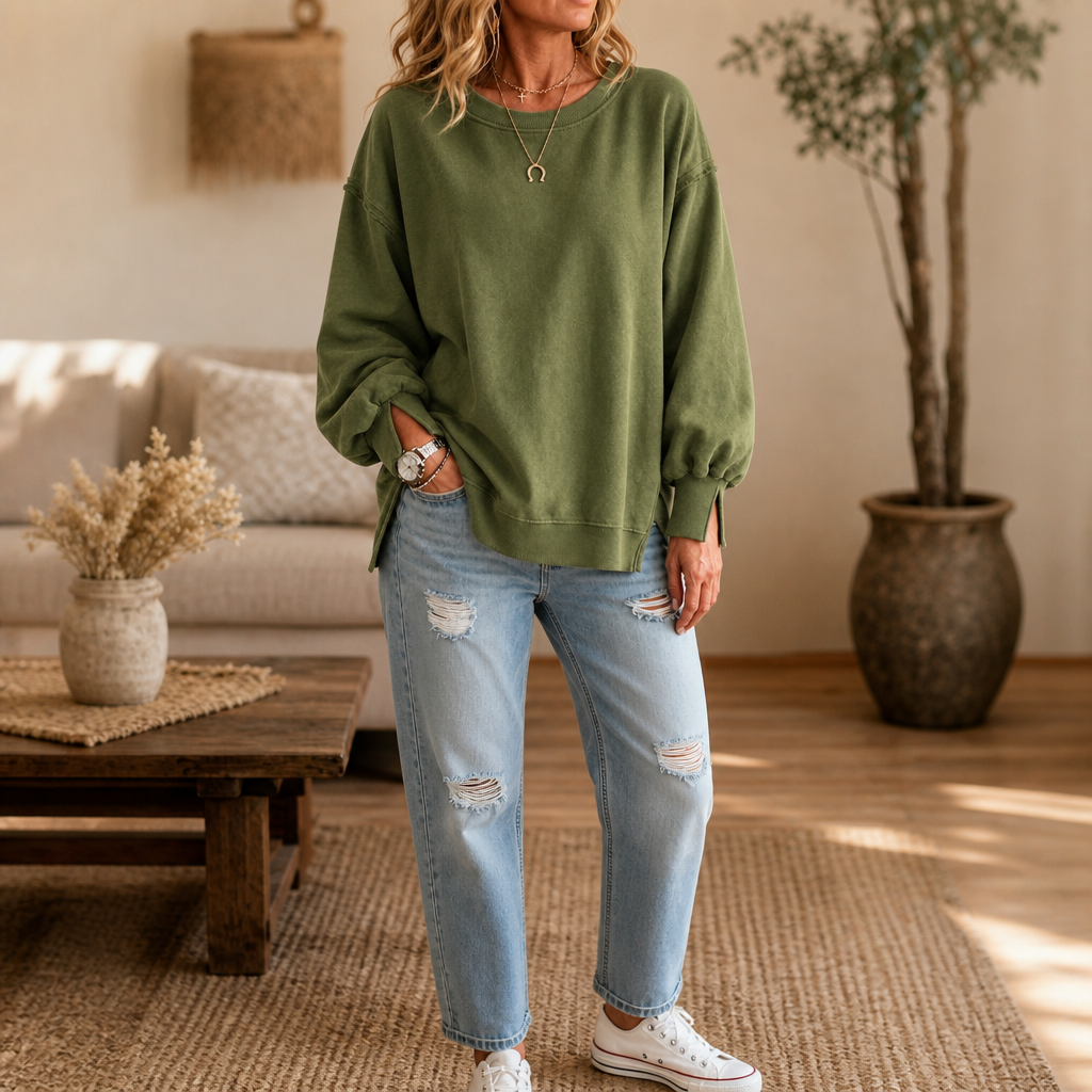 Närbild på textur och sömmar i vit oversize damtröja