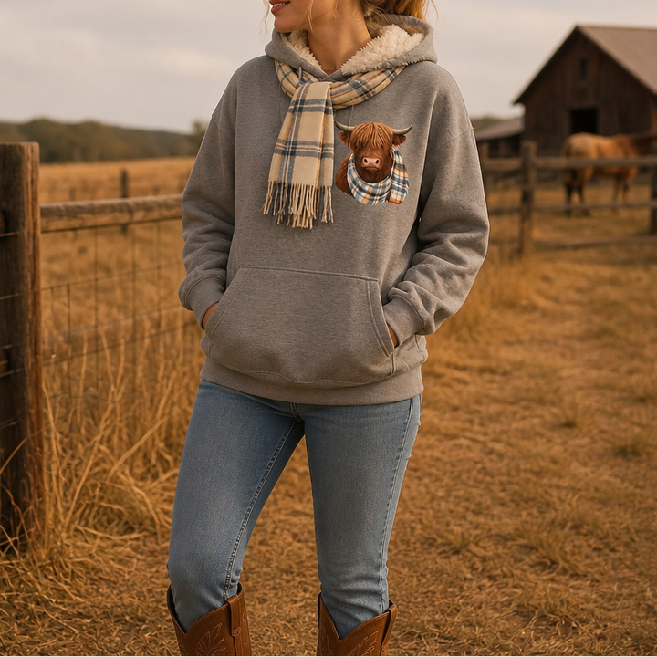Snygg och bekväm damtröja med huva och detaljerat motiv av Highland Cow