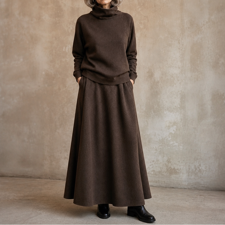 Elegant damlook med stickat set i neutral färg