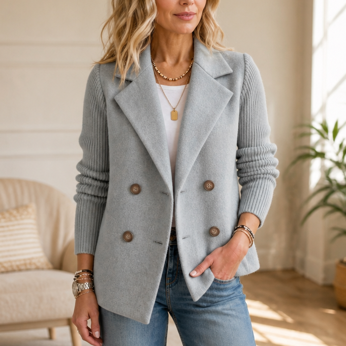 Modell i cropped blazer med stickade ärmar och kontorsmode