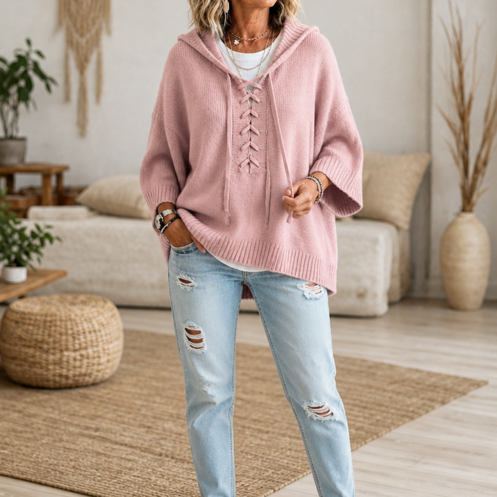 Snygg stickad pullover med huva för damer