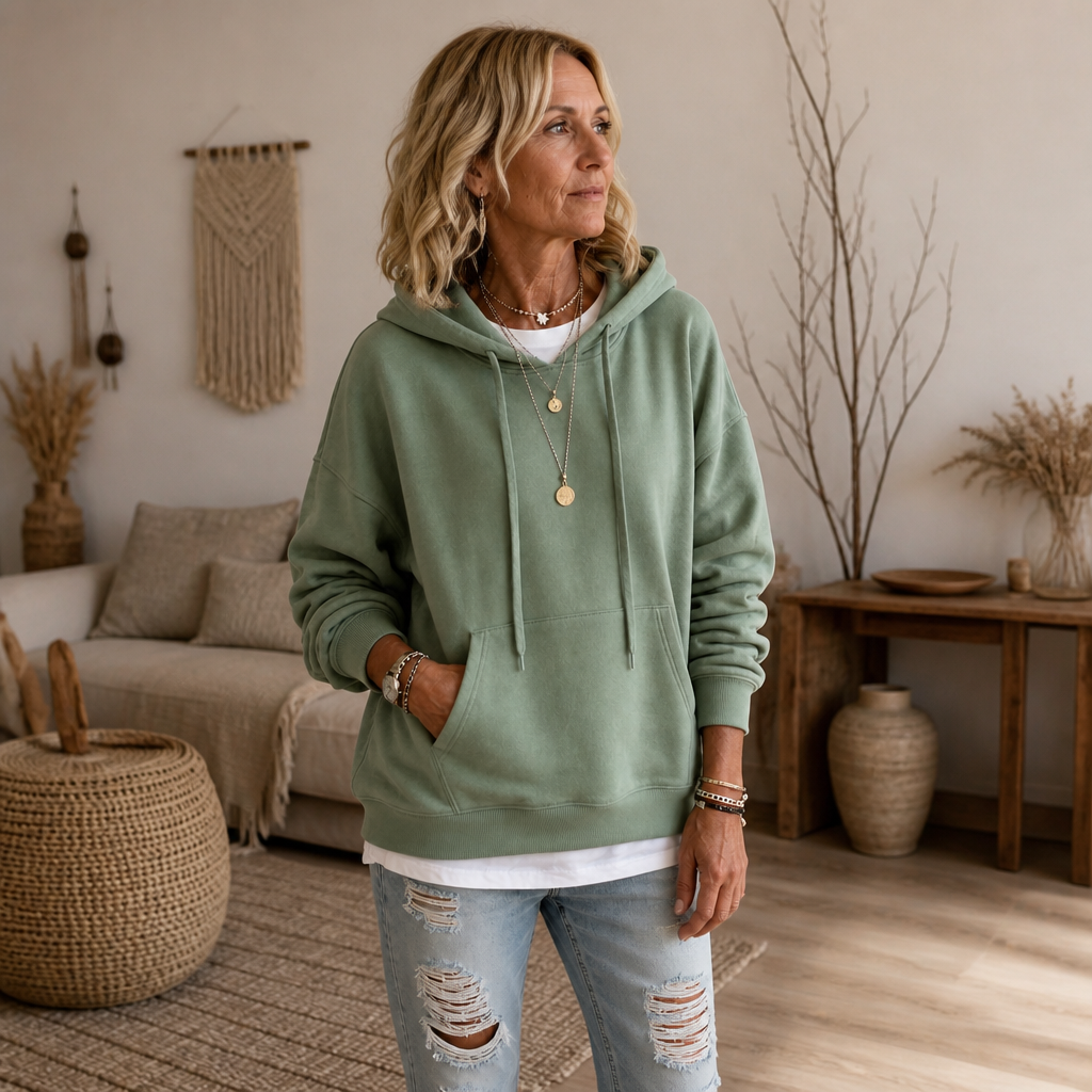 Svart oversize hoodie för dam visad i profil med huva