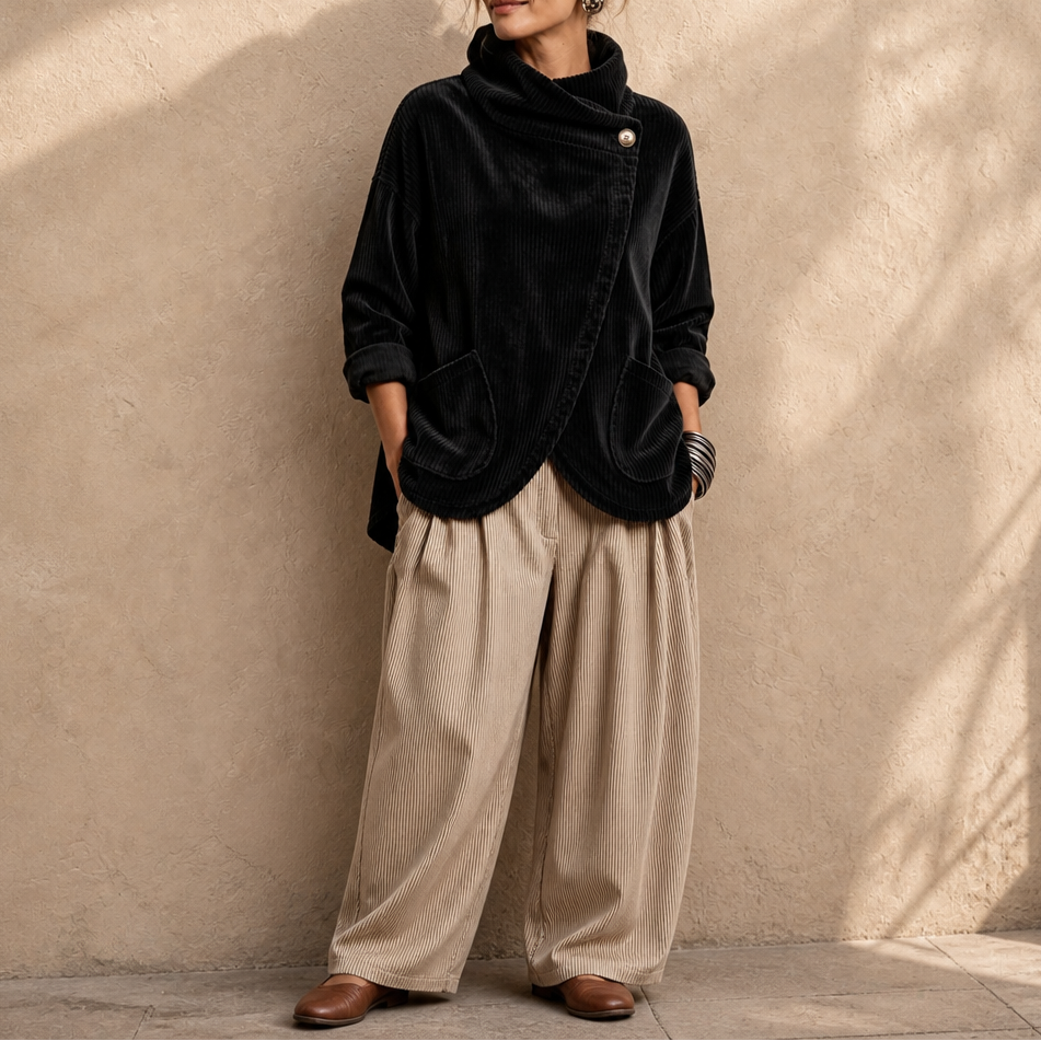 Trendig höstoutfit med bekväm poncho för dam