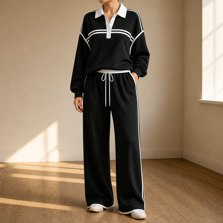 Helhetsbild av trendig vardagslook med matchande set för dam