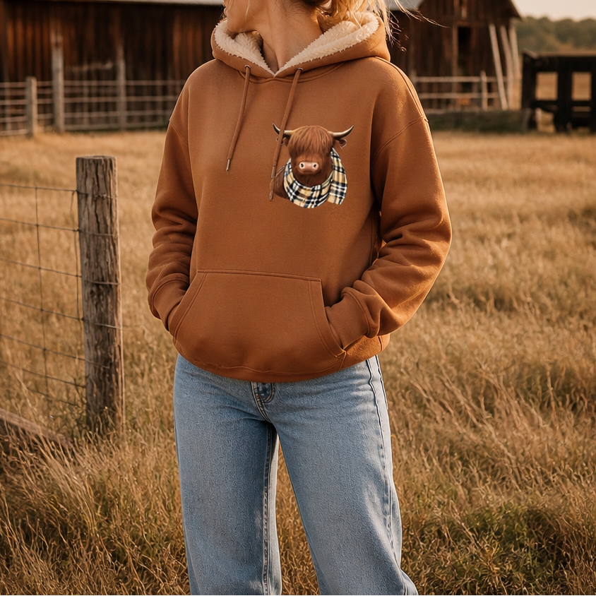 Närbild på det charmiga Highland Cow-trycket på damhoodien
