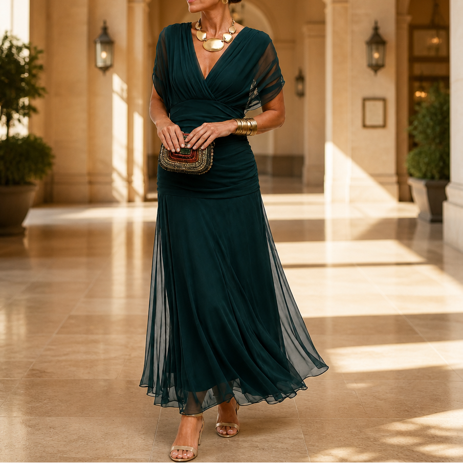 Elegant damklänning Veloura i mörkgrön nyans i klassisk korridor