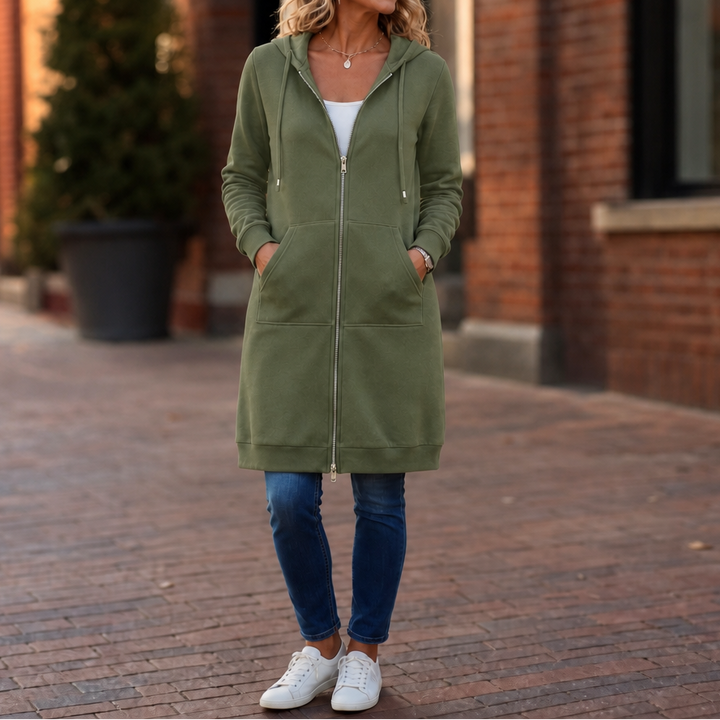 Rosa lång huvjacka med wrapdown-design matchad för utomhusbruk