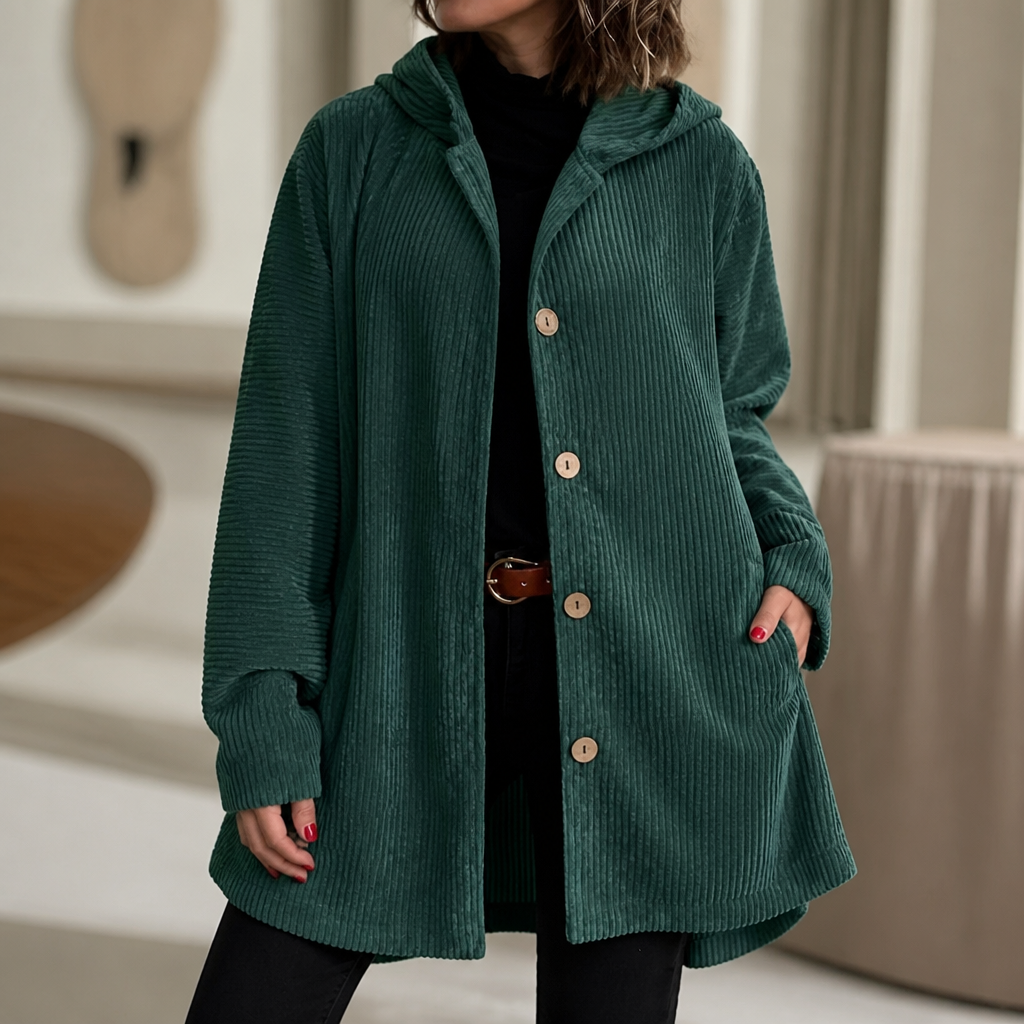 Höstmode look med ribbad dam Skjorta med huva