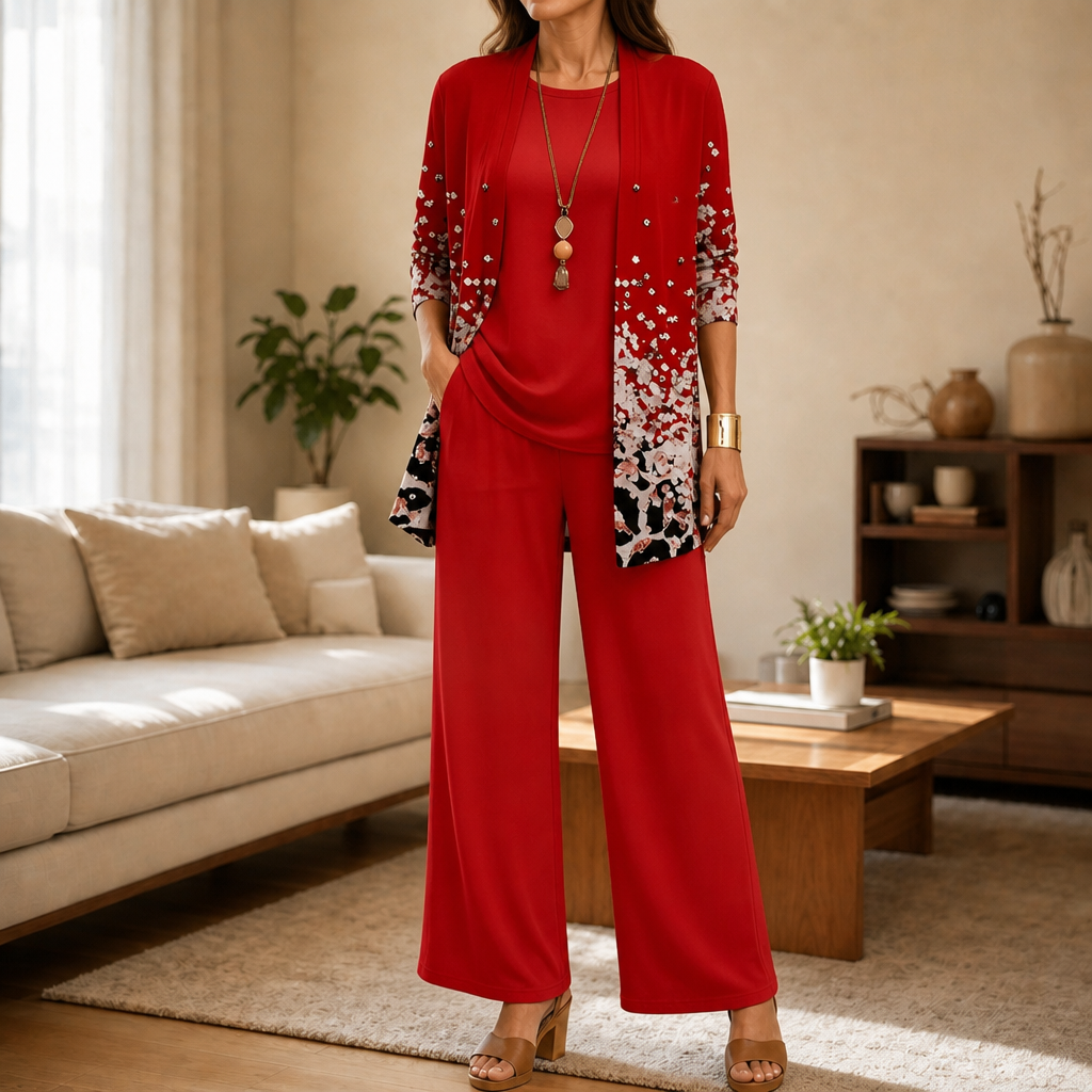 Moderiktigt mönstrat damset, elegant tre-delad outfit med vida ben